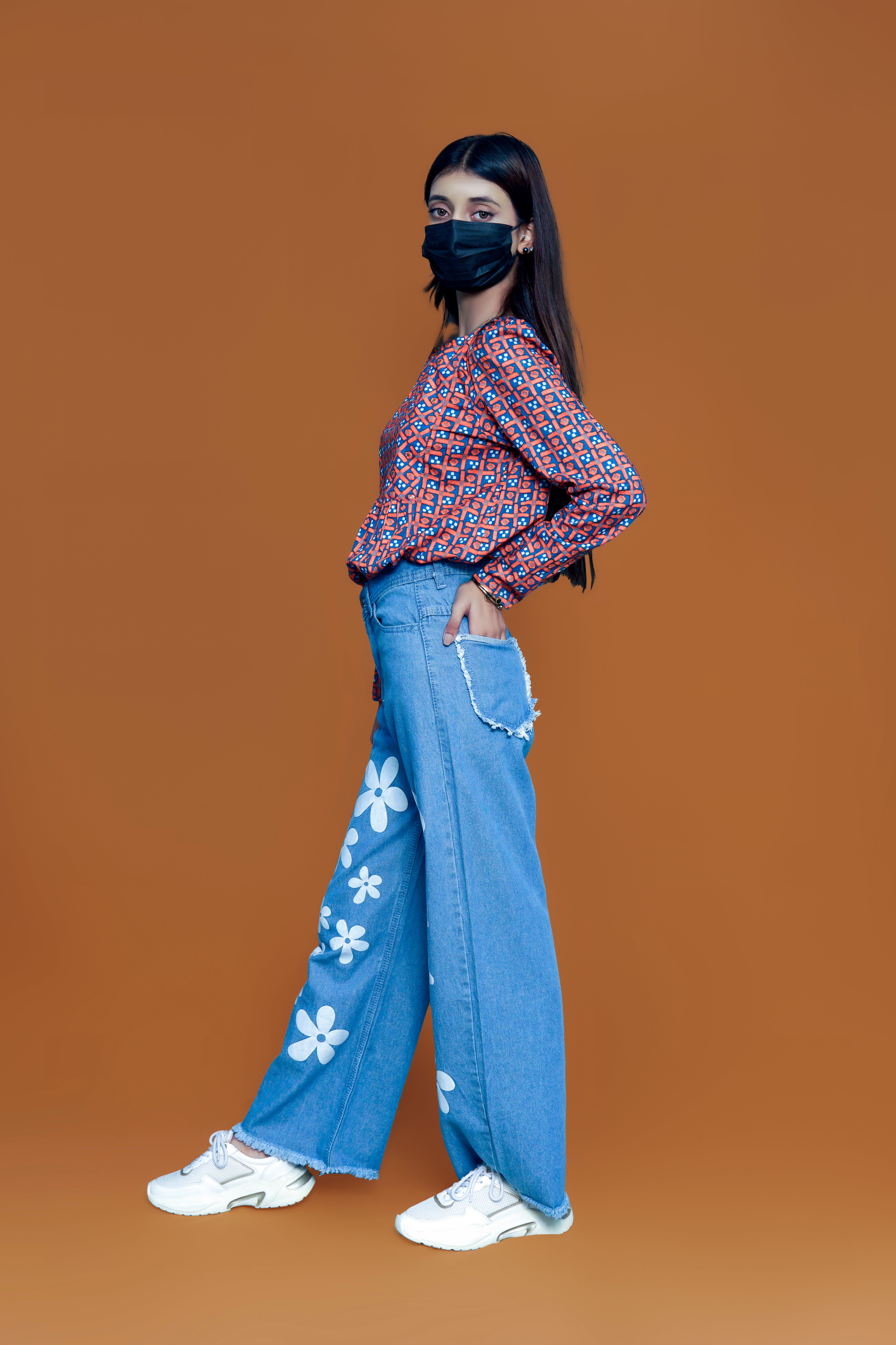 Highwaist Wide Leg Sky blue Flower Printed Denim Jeans for Girls