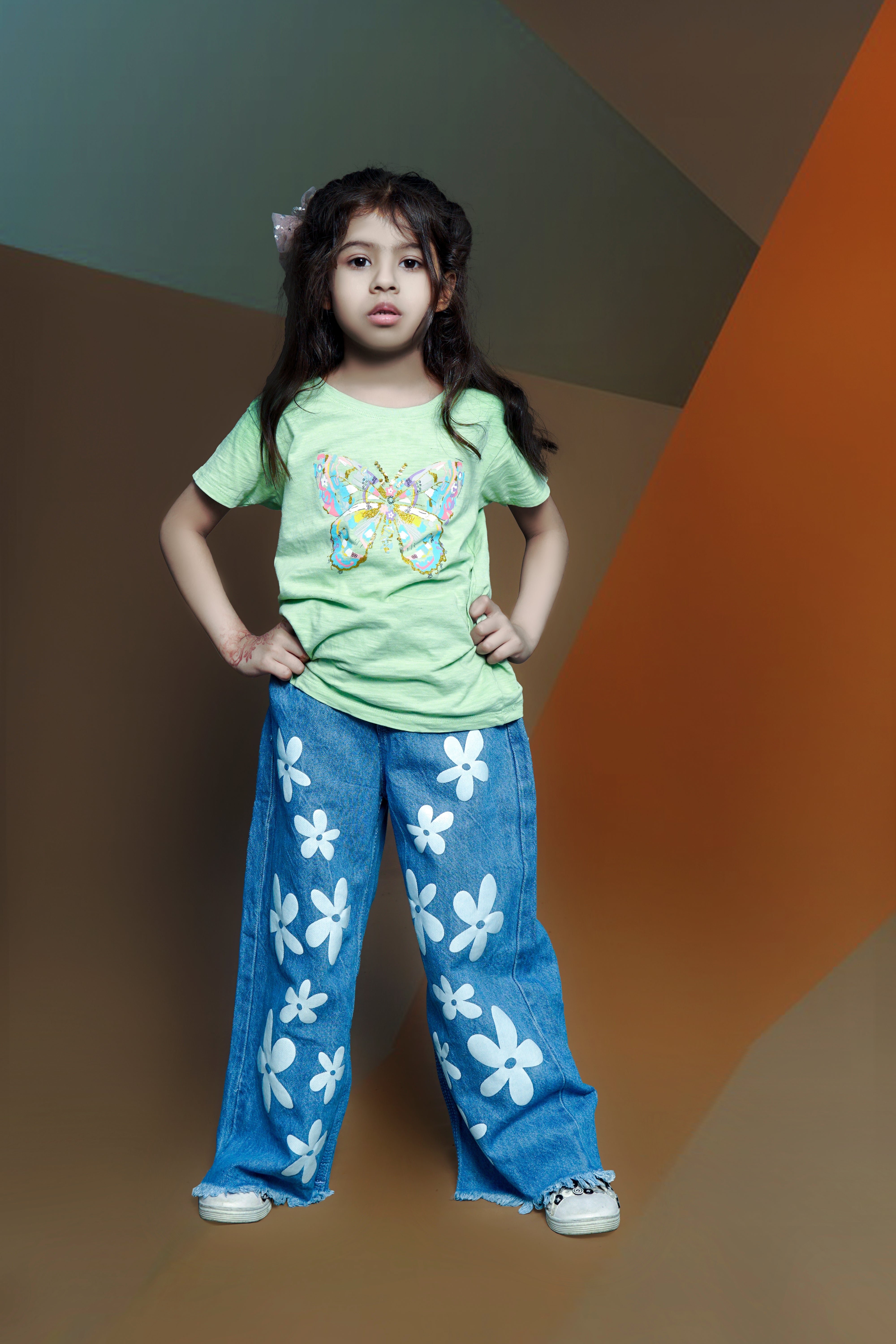 Sky blue Wide leg Flower Printed Jeans for Kids🌸🫶❤️🔥