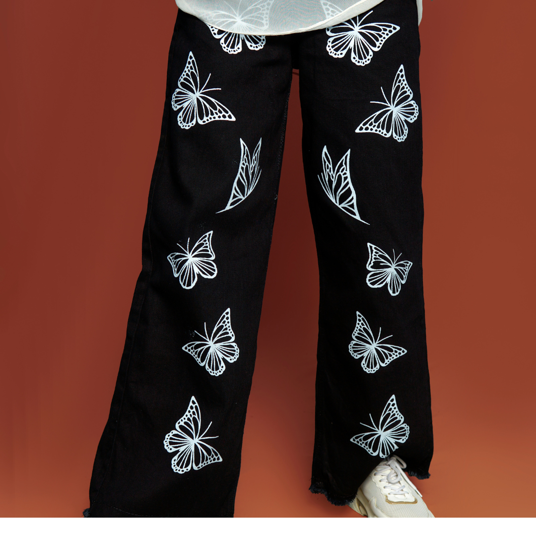 highwiast Black Butterfly Wide Leg Jeans for Girls