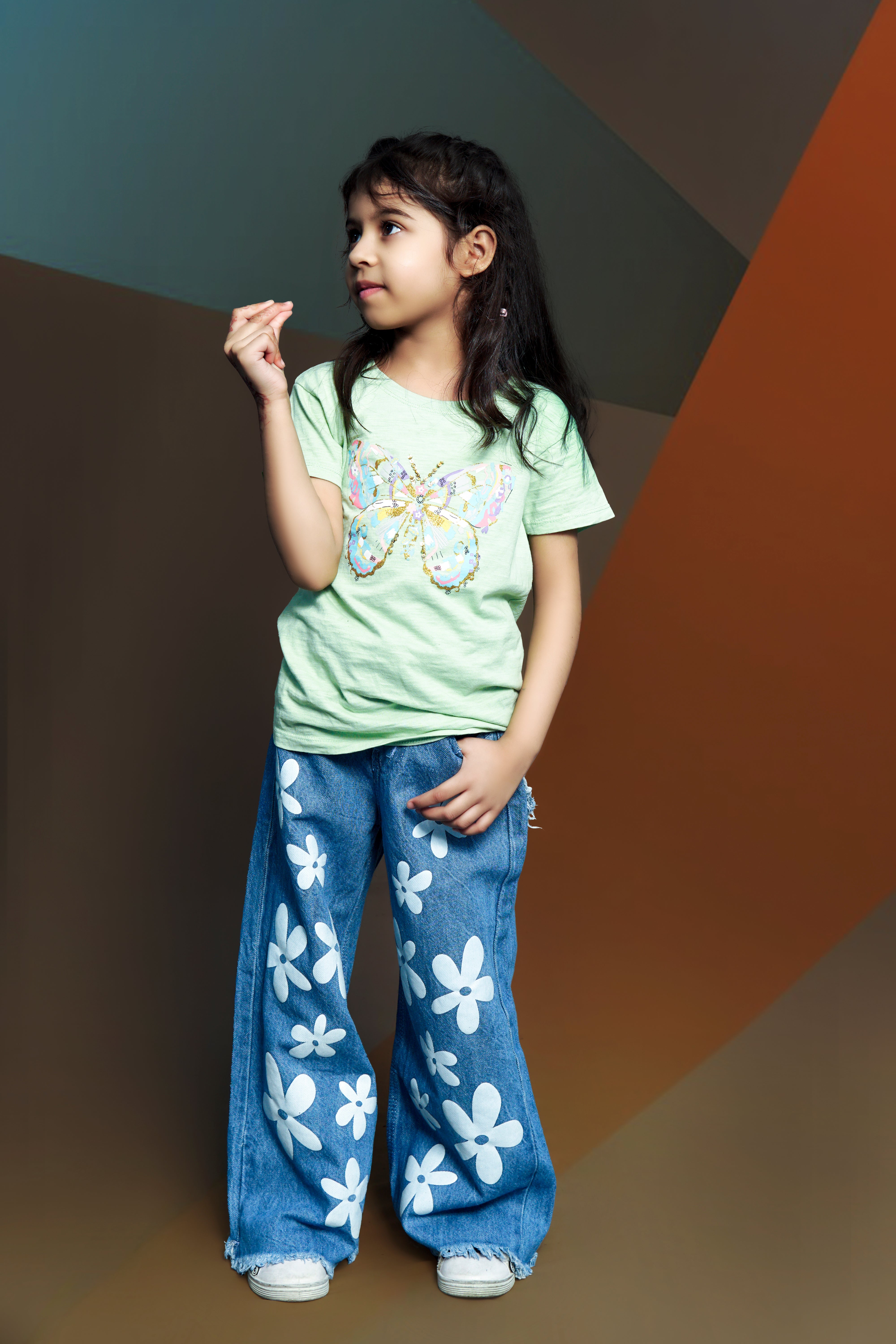 Sky blue Wide leg Flower Printed Jeans for Kids🌸🫶❤️🔥