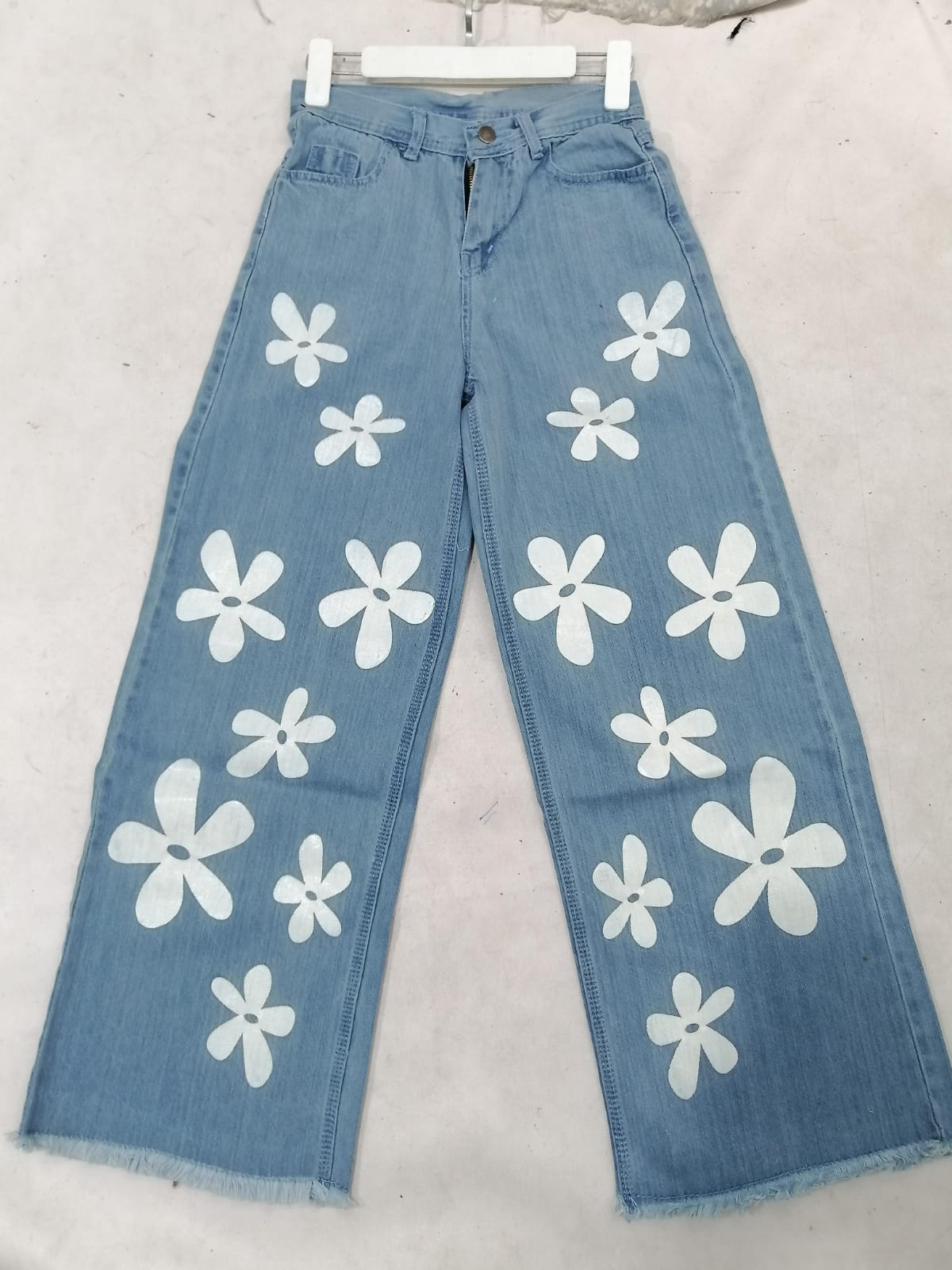 Highwaist Wide Leg  Flower Printed  Denim Jeans For Girls