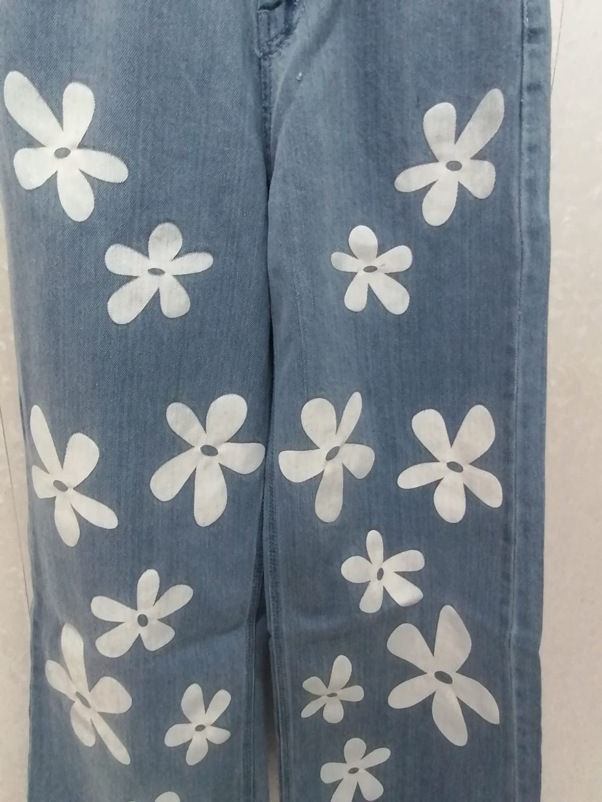 Highwaist Wide Leg  Flower Printed  Denim Jeans For Girls