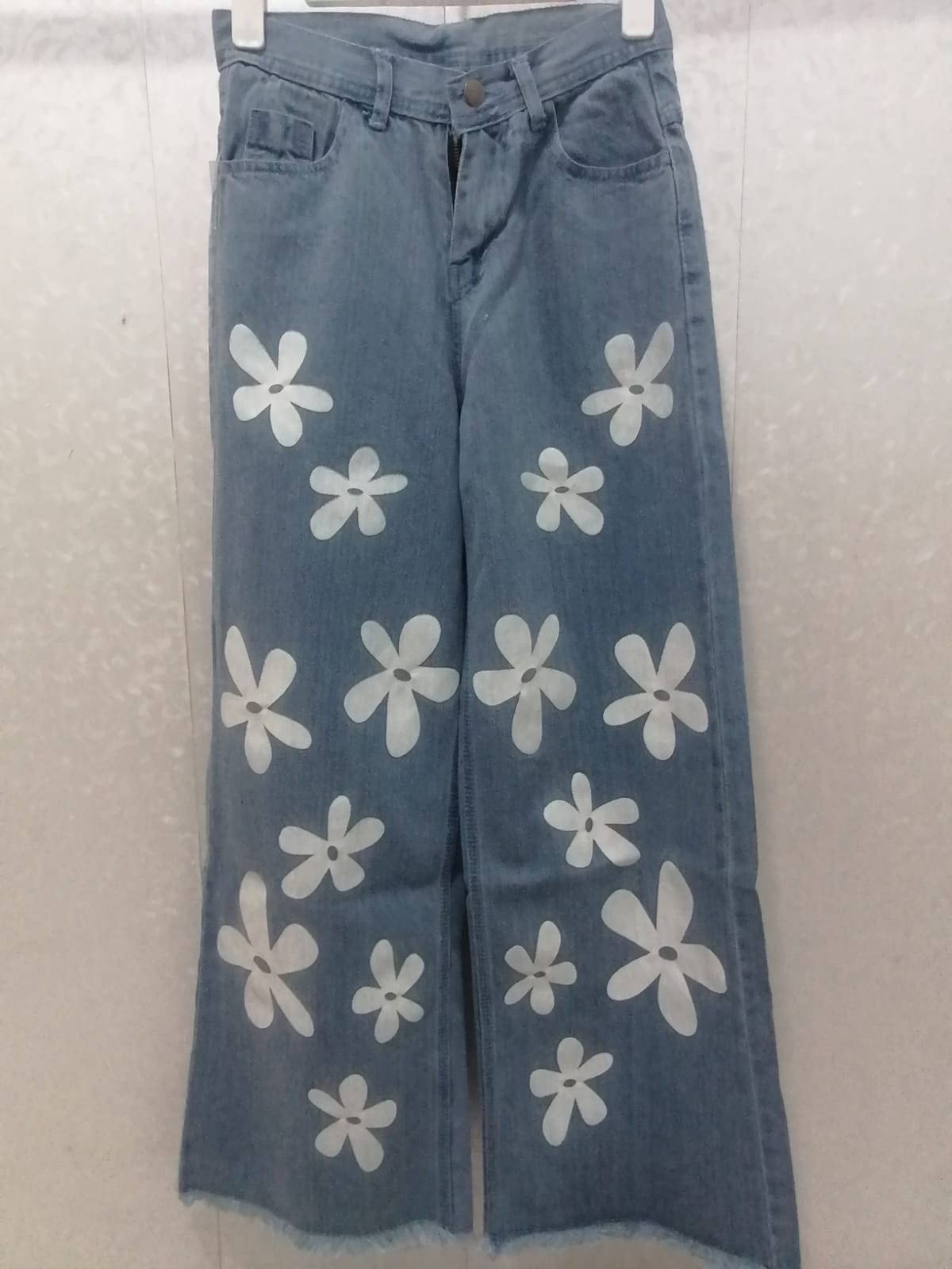 Highwaist Wide Leg  Flower Printed  Denim Jeans For Girls