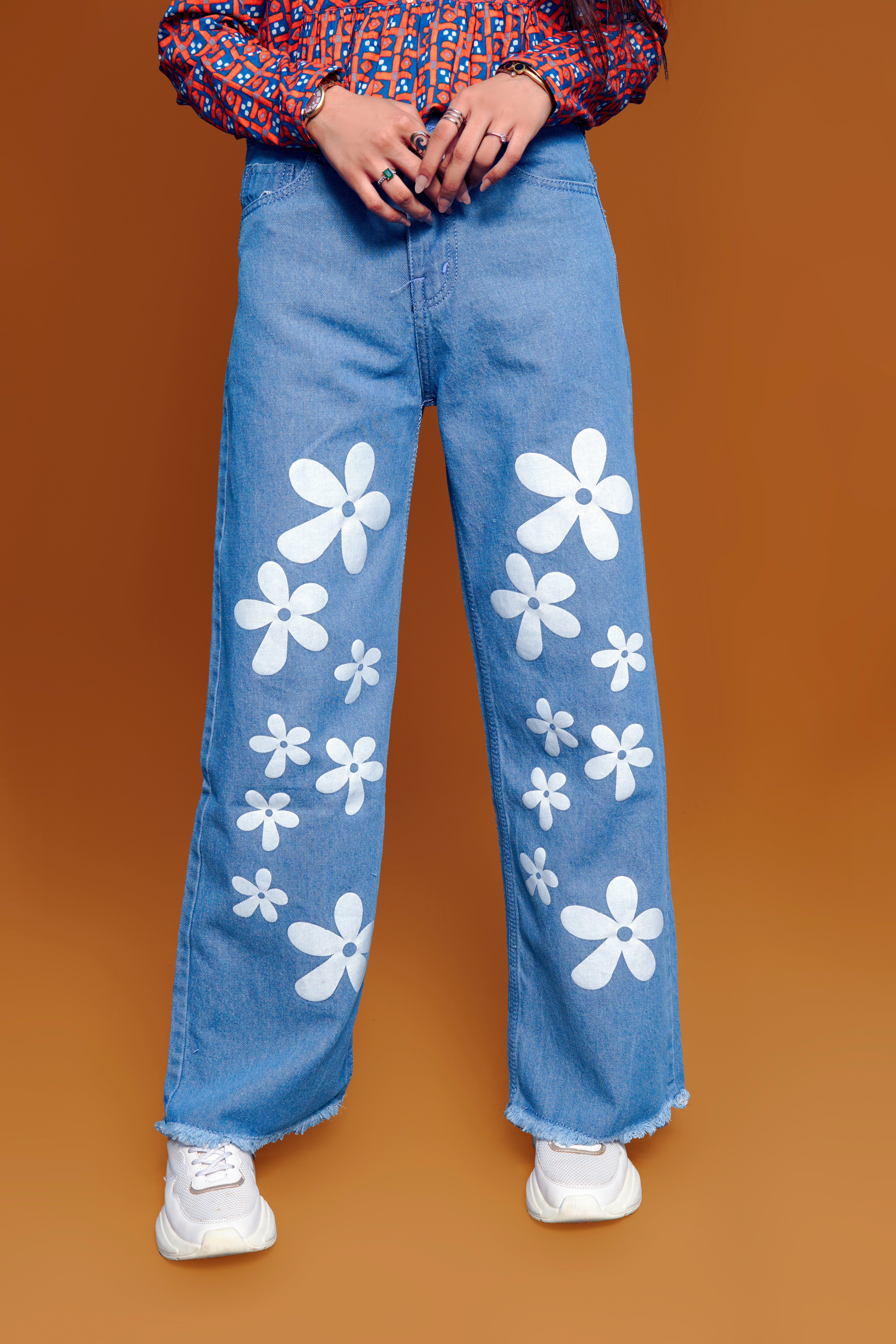 Highwaist Wide Leg Sky blue Flower Printed Denim Jeans for Girls