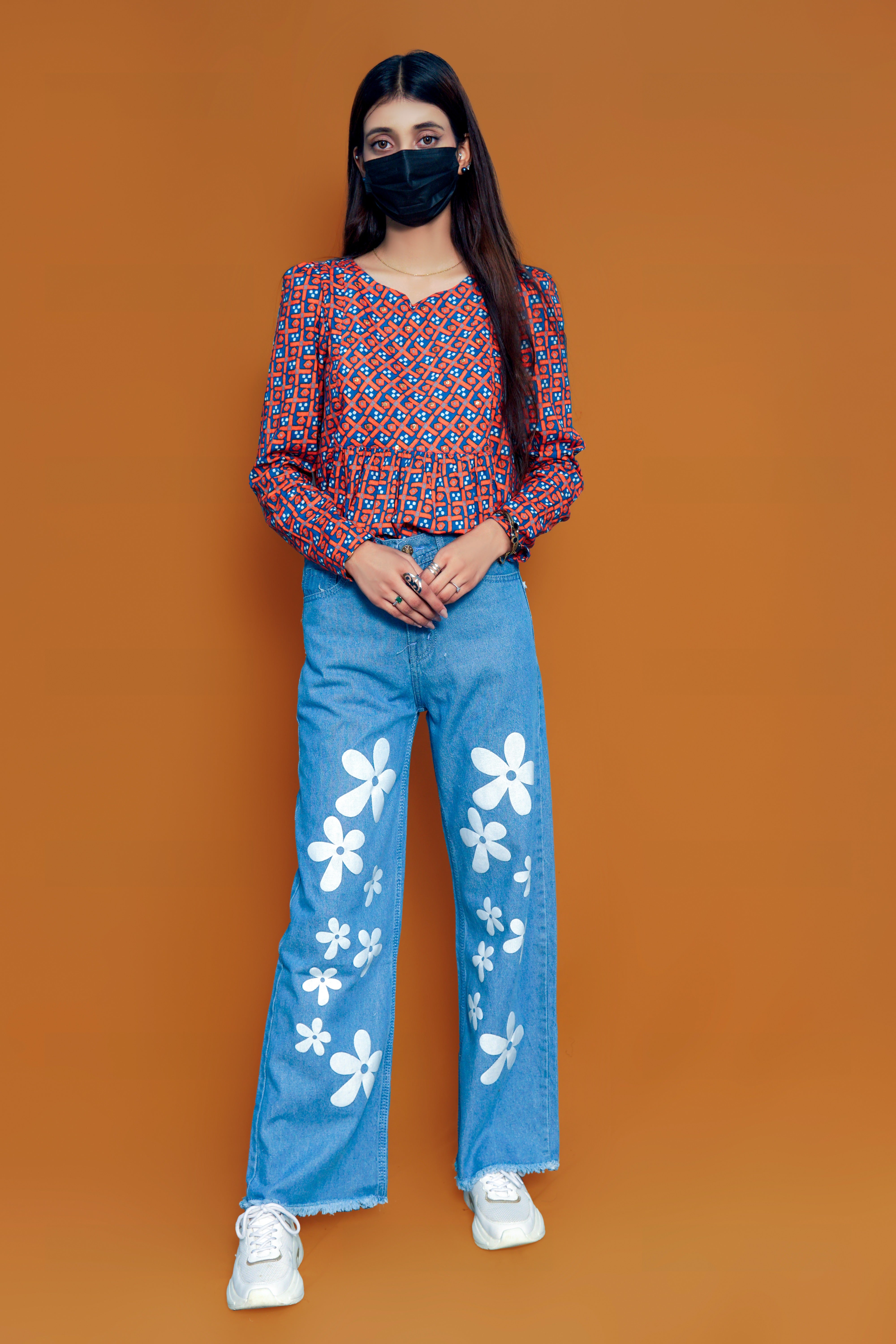 Highwaist Wide Leg Sky blue Flower Printed Denim Jeans for Girls