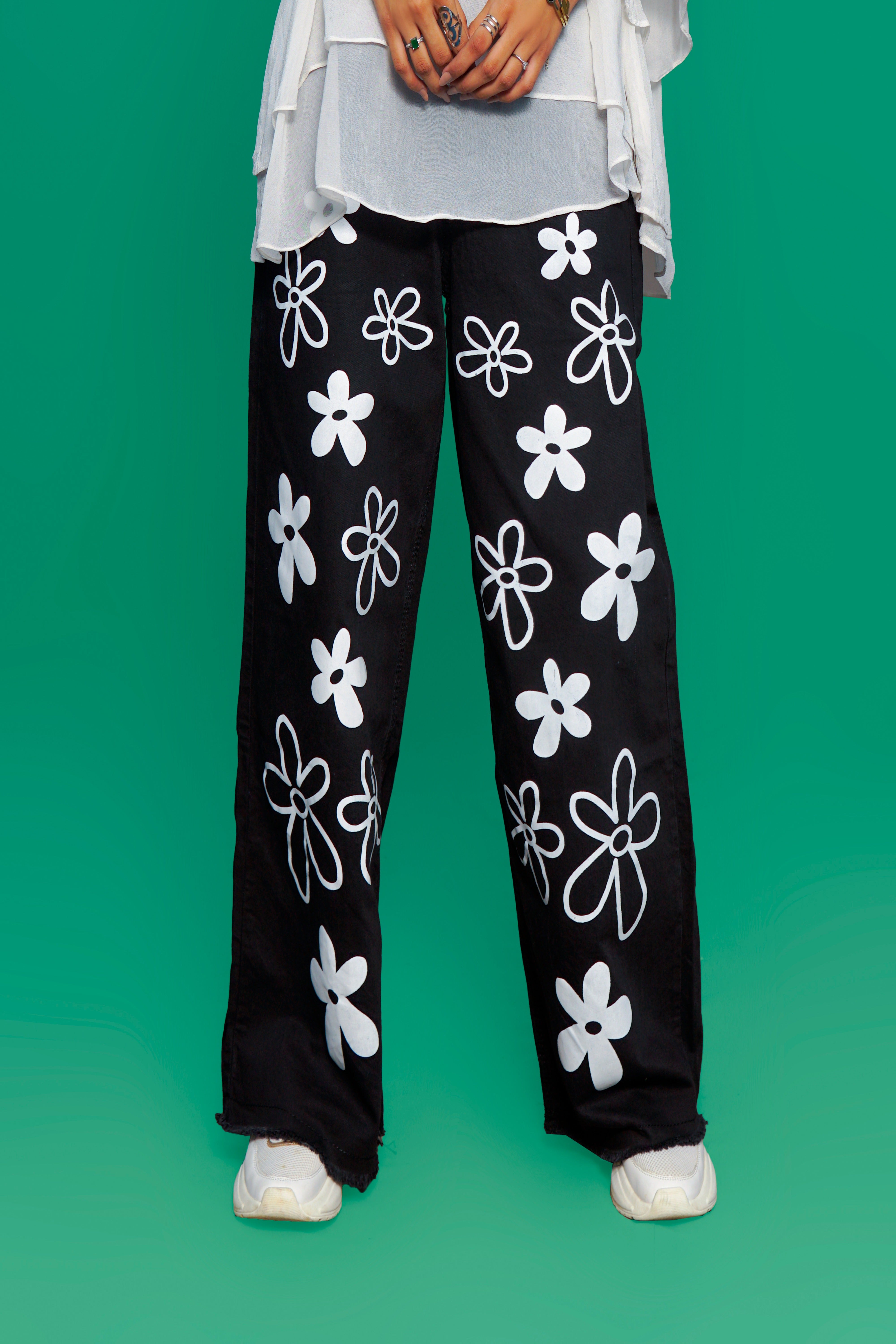 High Waist Black printed Flower Wide Leg Jeans Flapper for Girls