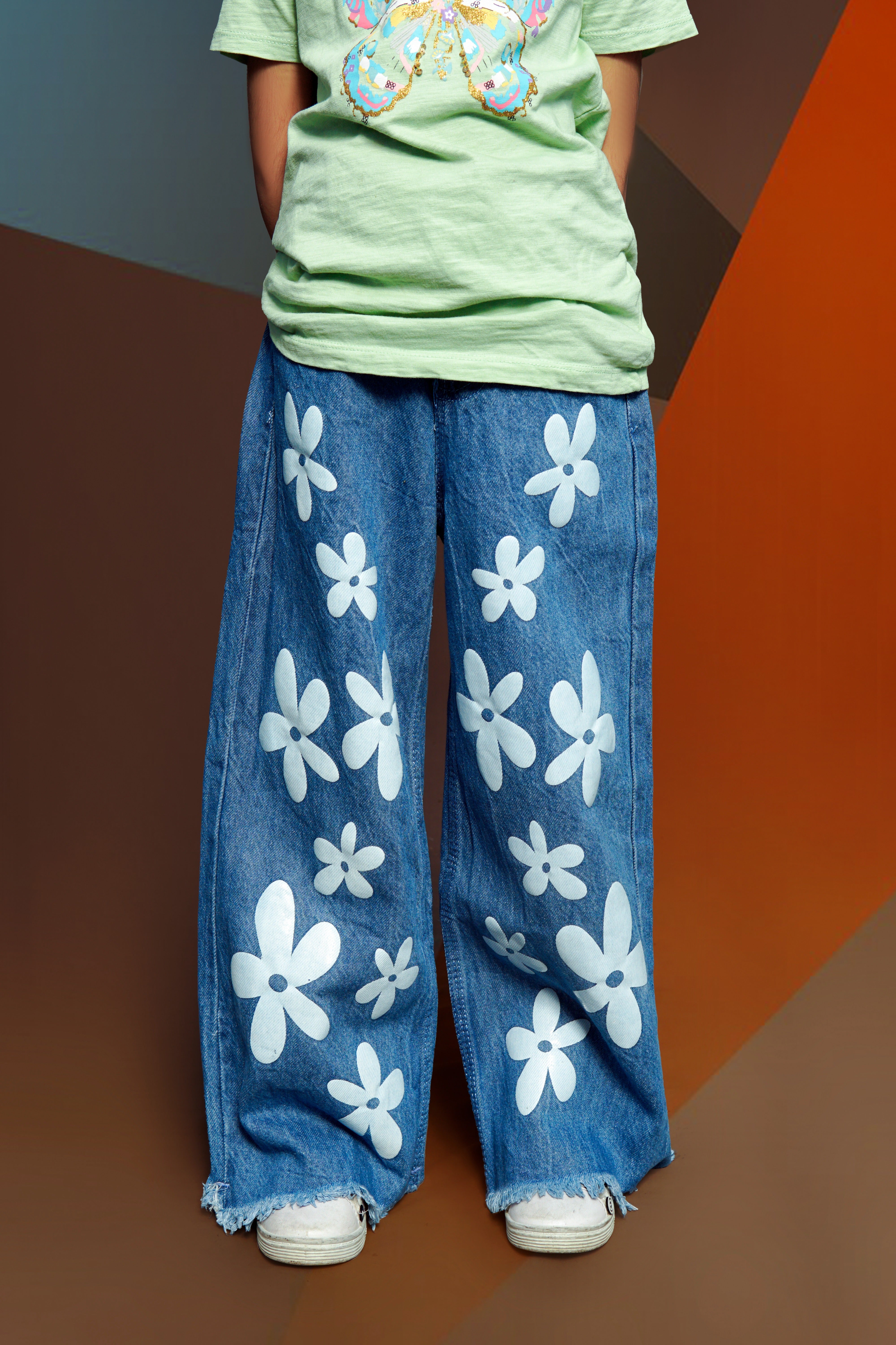 Sky blue Wide leg Flower Printed Jeans for Kids🌸🫶❤️🔥